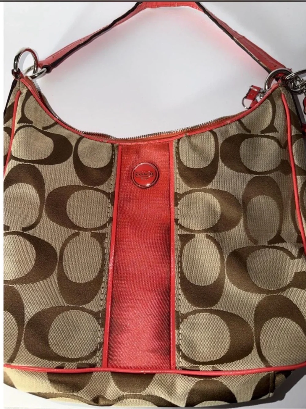 Coach Khaki Signature Shoulder Bag with Coral Trim